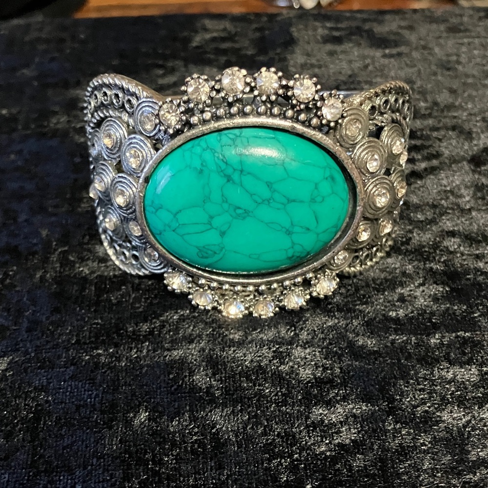 Vintage synthetic turquoise, green and Silver Statement Cuff Bracelet